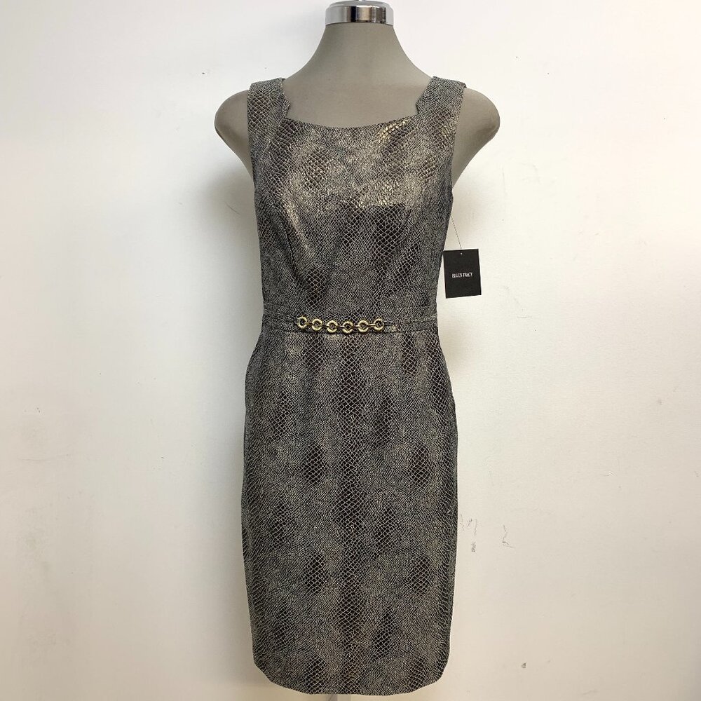 New Ellen Tracy Elegant Bronze Metallic Snake Skin Jacquard Sheath Dress